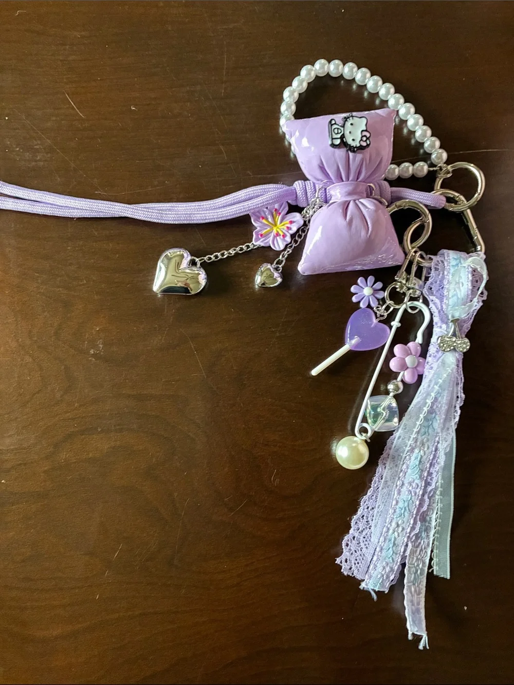 Hello Kitty Lavender Bow Bag Charm with Pearls & Hearts